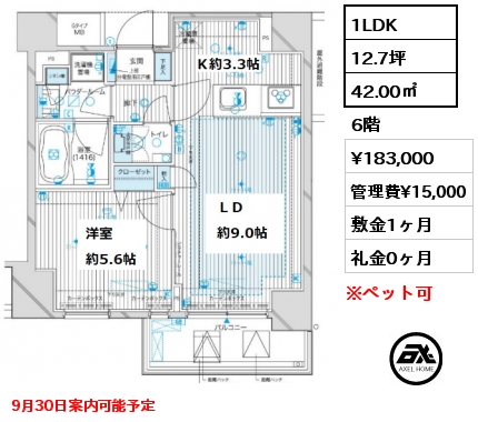 間取り12 1LDK 42.00㎡ 6階 賃料¥183,000 管理費¥15,000 敷金1ヶ月 礼金0ヶ月 9月30日案内可能予定　