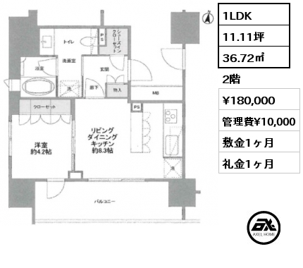 1LDK 36.72㎡ 2階 賃料¥180,000 管理費¥10,000 敷金1ヶ月 礼金1ヶ月