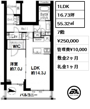 間取り12 1LDK 55.32㎡ 7階 賃料¥250,000 管理費¥10,000 敷金2ヶ月 礼金1ヶ月