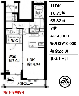 間取り12 1LDK 55.32㎡ 7階 賃料¥250,000 管理費¥10,000 敷金2ヶ月 礼金1ヶ月 9月下旬案内可