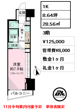 間取り12 1K 28.56㎡ 3階 賃料¥125,000 管理費¥8,000 敷金1ヶ月 礼金1ヶ月 11月中旬案内可能予定　単身者限定