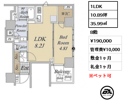 1LDK 35.99㎡ 8階 賃料¥190,000 管理費¥10,000 敷金1ヶ月 礼金1ヶ月