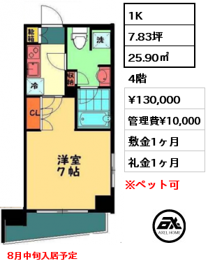 間取り12 1K 25.90㎡ 4階 賃料¥130,000 管理費¥10,000 敷金1ヶ月 礼金1ヶ月 8月中旬入居予定
