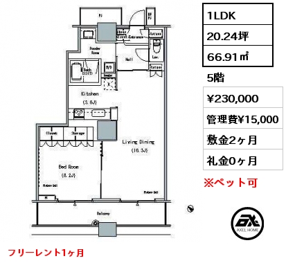 1LDK 66.91㎡ 5階 賃料¥230,000 管理費¥15,000 敷金2ヶ月 礼金0ヶ月 フリーレント1ヶ月