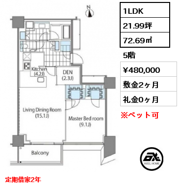 1LDK 72.69㎡ 5階 賃料¥480,000 敷金2ヶ月 礼金0ヶ月 定期借家2年