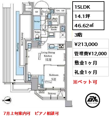 間取り13 1SLDK 46.62㎡ 3階 賃料¥213,000 管理費¥12,000 敷金1ヶ月 礼金1ヶ月 7月上旬案内可　ピアノ相談可