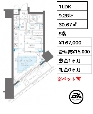 1LDK 30.67㎡ 8階 賃料¥167,000 管理費¥15,000 敷金1ヶ月 礼金0ヶ月