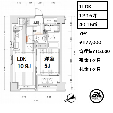 間取り13 1LDK 40.16㎡ 7階 賃料¥177,000 管理費¥15,000 敷金1ヶ月 礼金1ヶ月 　