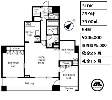 間取り13 3LDK 79.00㎡ 54階 賃料¥335,000 管理費¥5,000 敷金2ヶ月 礼金1ヶ月