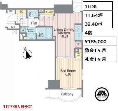 1LDK 38.48㎡ 4階 賃料¥185,000 敷金1ヶ月 礼金1ヶ月 1月下旬入居予定