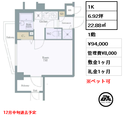 間取り13 1K 22.88㎡ 1階 賃料¥94,000 管理費¥8,000 敷金1ヶ月 礼金1ヶ月 12月中旬退去予定