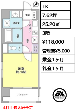 間取り13 1K 25.20㎡  賃料¥118,000 管理費¥5,000 敷金1ヶ月 礼金1ヶ月 4月上旬入居予定