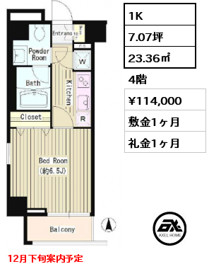 1K 23.36㎡ 4階 賃料¥114,000 敷金1ヶ月 礼金1ヶ月 12月下旬案内予定