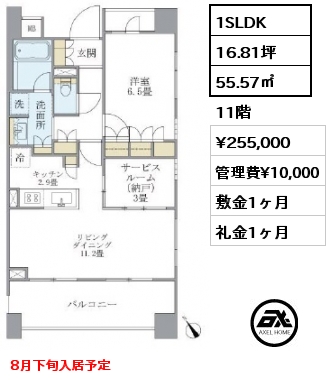 間取り13 1SLDK 55.57㎡ 11階 賃料¥255,000 管理費¥10,000 敷金1ヶ月 礼金1ヶ月 8月下旬入居予定