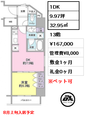 間取り14 1DK 32.95㎡ 13階 賃料¥167,000 管理費¥8,000 敷金1ヶ月 礼金0ヶ月 8月上旬入居予定