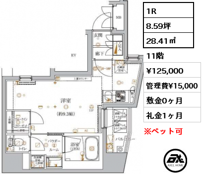 1R 28.41㎡ 11階 賃料¥125,000 管理費¥15,000 敷金0ヶ月 礼金1ヶ月