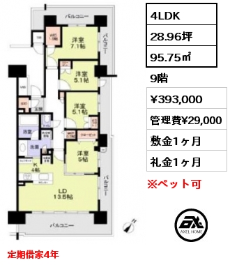 4LDK 95.75㎡ 9階 賃料¥393,000 管理費¥29,000 敷金1ヶ月 礼金1ヶ月 定期借家4年
