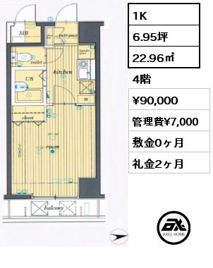 1K 22.96㎡ 4階 賃料¥90,000 管理費¥7,000 敷金0ヶ月 礼金2ヶ月