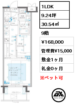 1LDK 30.54㎡ 9階 賃料¥168,000 管理費¥15,000 敷金1ヶ月 礼金0ヶ月