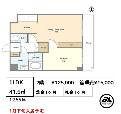 1LDK 41.5㎡ 2階 賃料¥125,000 管理費¥15,000 敷金1ヶ月 礼金1ヶ月 1月下旬入居予定