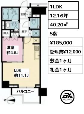 間取り14 1LDK 40.20㎡ 5階 賃料¥185,000 管理費¥12,000 敷金1ヶ月 礼金1ヶ月