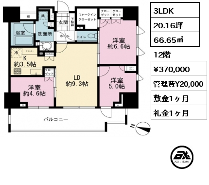 3LDK 66.65㎡ 12階 賃料¥370,000 管理費¥20,000 敷金1ヶ月 礼金1ヶ月