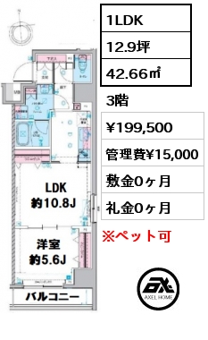 間取り15 1LDK 42.66㎡ 3階 賃料¥197,000 管理費¥15,000 敷金0ヶ月 礼金0ヶ月