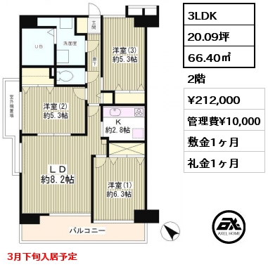 3LDK 66.40㎡ 2階 賃料¥212,000 管理費¥10,000 敷金1ヶ月 礼金1ヶ月 3月下旬入居予定