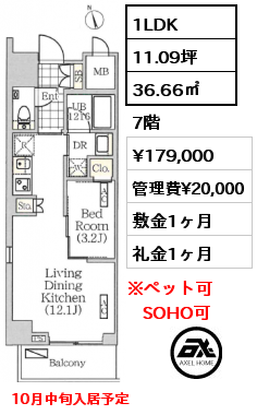 1LDK 36.66㎡ 7階 賃料¥179,000 管理費¥20,000 敷金1ヶ月 礼金1ヶ月 10月中旬入居予定