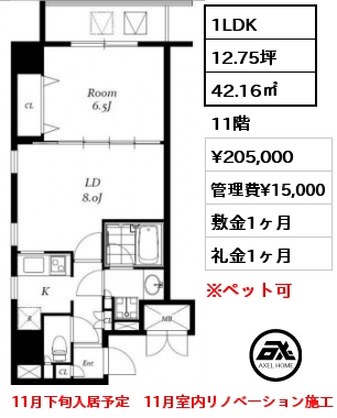 間取り15 1LDK 42.16㎡ 11階 賃料¥205,000 管理費¥15,000 敷金1ヶ月 礼金1ヶ月 11月下旬入居予定　11月室内リノベーション施工