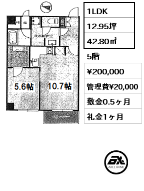 間取り15 1LDK 42.80㎡ 5階 賃料¥200,000 管理費¥20,000 敷金0.5ヶ月 礼金1ヶ月 　　　