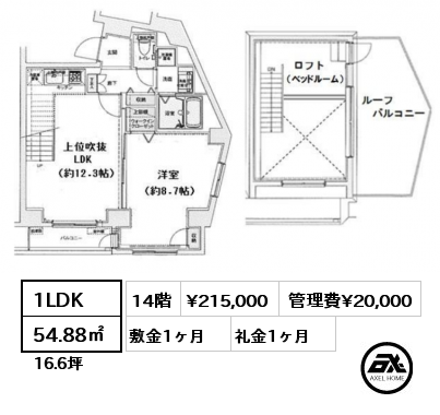 間取り15 1LDK 54.88㎡ 14階 賃料¥215,000 管理費¥20,000 敷金1ヶ月 礼金1ヶ月