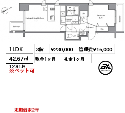 1LDK 42.67㎡ 3階 賃料¥230,000 管理費¥15,000 敷金1ヶ月 礼金1ヶ月 定期借家2年