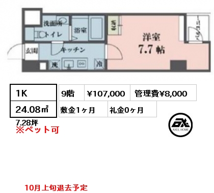 間取り15 1K 24.08㎡ 9階 賃料¥107,000 管理費¥8,000 敷金1ヶ月 礼金0ヶ月 10月上旬退去予定