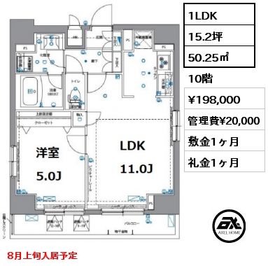 間取り15 1LDK 50.25㎡ 10階 賃料¥198,000 管理費¥20,000 敷金1ヶ月 礼金1ヶ月 8月上旬入居予定