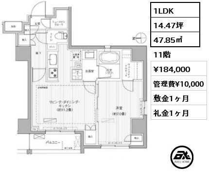 1LDK 47.85㎡ 11階 賃料¥184,000 管理費¥10,000 敷金1ヶ月 礼金1ヶ月