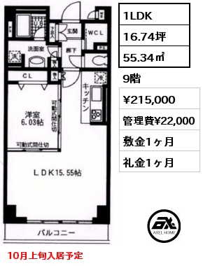 1LDK 55.34㎡ 9階 賃料¥215,000 管理費¥22,000 敷金1ヶ月 礼金1ヶ月 10月上旬入居予定