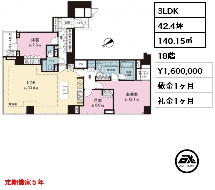 3LDK 140.15㎡ 18階 賃料¥1,600,000 敷金1ヶ月 礼金1ヶ月 定期借家５年