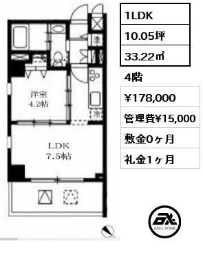 1LDK 33.22㎡ 4階 賃料¥178,000 管理費¥15,000 敷金0ヶ月 礼金1ヶ月