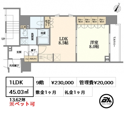 1LDK 45.03㎡ 9階 賃料¥230,000 管理費¥20,000 敷金1ヶ月 礼金1ヶ月