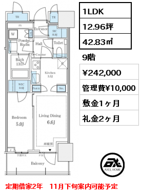 1LDK 42.83㎡ 9階 賃料¥242,000 管理費¥10,000 敷金1ヶ月 礼金2ヶ月 定期借家2年　11月下旬案内可能予定