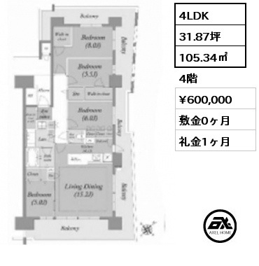 4LDK 105.34㎡ 4階 賃料¥600,000 敷金0ヶ月 礼金1ヶ月