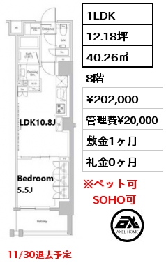 1LDK 40.26㎡ 8階 賃料¥202,000 管理費¥20,000 敷金1ヶ月 礼金0ヶ月 11/30退去予定