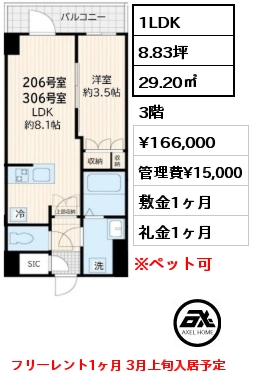 1LDK 29.20㎡ 3階 賃料¥166,000 管理費¥15,000 敷金1ヶ月 礼金1ヶ月 フリーレント1ヶ月 3月上旬入居予定