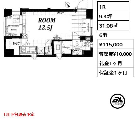 1R 31.08㎡ 6階 賃料¥115,000 管理費¥10,000 礼金1ヶ月 1月下旬退去予定