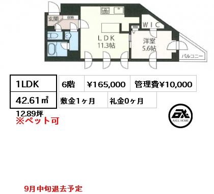 1LDK 42.61㎡ 6階 賃料¥165,000 管理費¥10,000 敷金1ヶ月 礼金0ヶ月 9月中旬退去予定