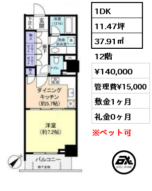 1DK 37.91㎡ 12階 賃料¥140,000 管理費¥15,000 敷金1ヶ月 礼金0ヶ月