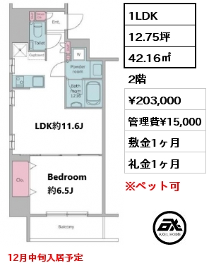 1LDK 42.16㎡ 2階 賃料¥203,000 管理費¥15,000 敷金1ヶ月 礼金1ヶ月 12月中旬入居予定