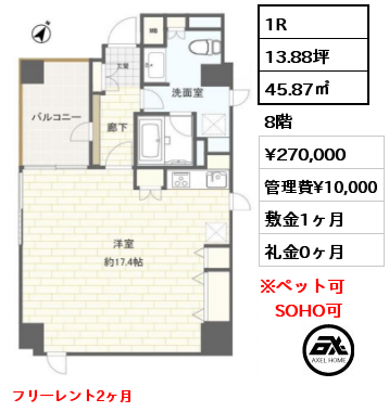 1R 45.87㎡ 8階 賃料¥270,000 管理費¥10,000 敷金1ヶ月 礼金0ヶ月 フリーレント2ヶ月