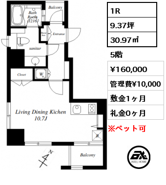 1R 30.97㎡ 5階 賃料¥160,000 管理費¥10,000 敷金1ヶ月 礼金0ヶ月